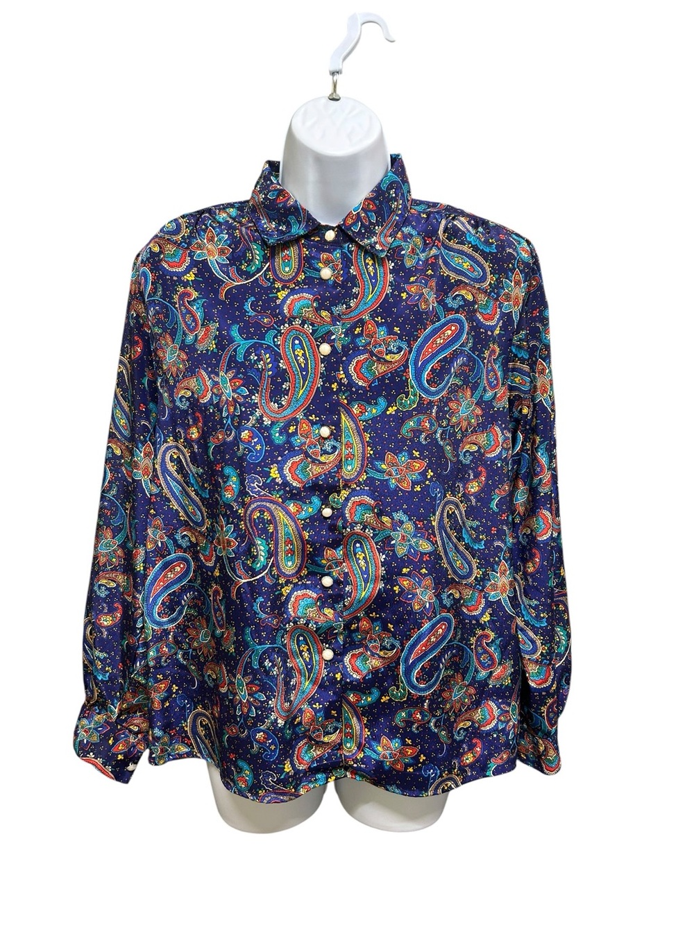 Vintage Elite Paisley Silk Feel Padded Shoulders Button Front Blouse Size 10